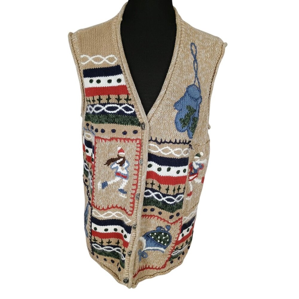 Nutcracker Vintage Hand-Knit Beige Holiday Sweater Vest W/ Festive Patterns & Sk
